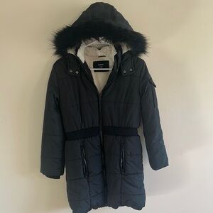 HUDSON Girls Black Hooded Puffer Coat with Faux Fur Trim